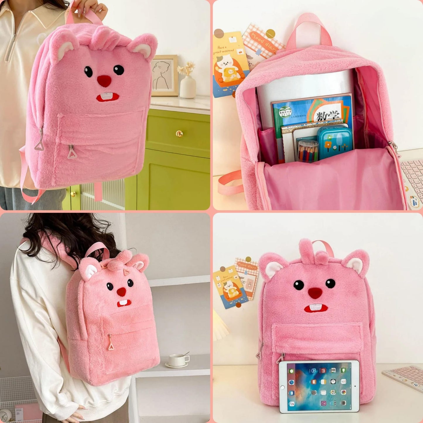Cute Bunny Plush Backpack – Fluffy School Bag with Front Pocket