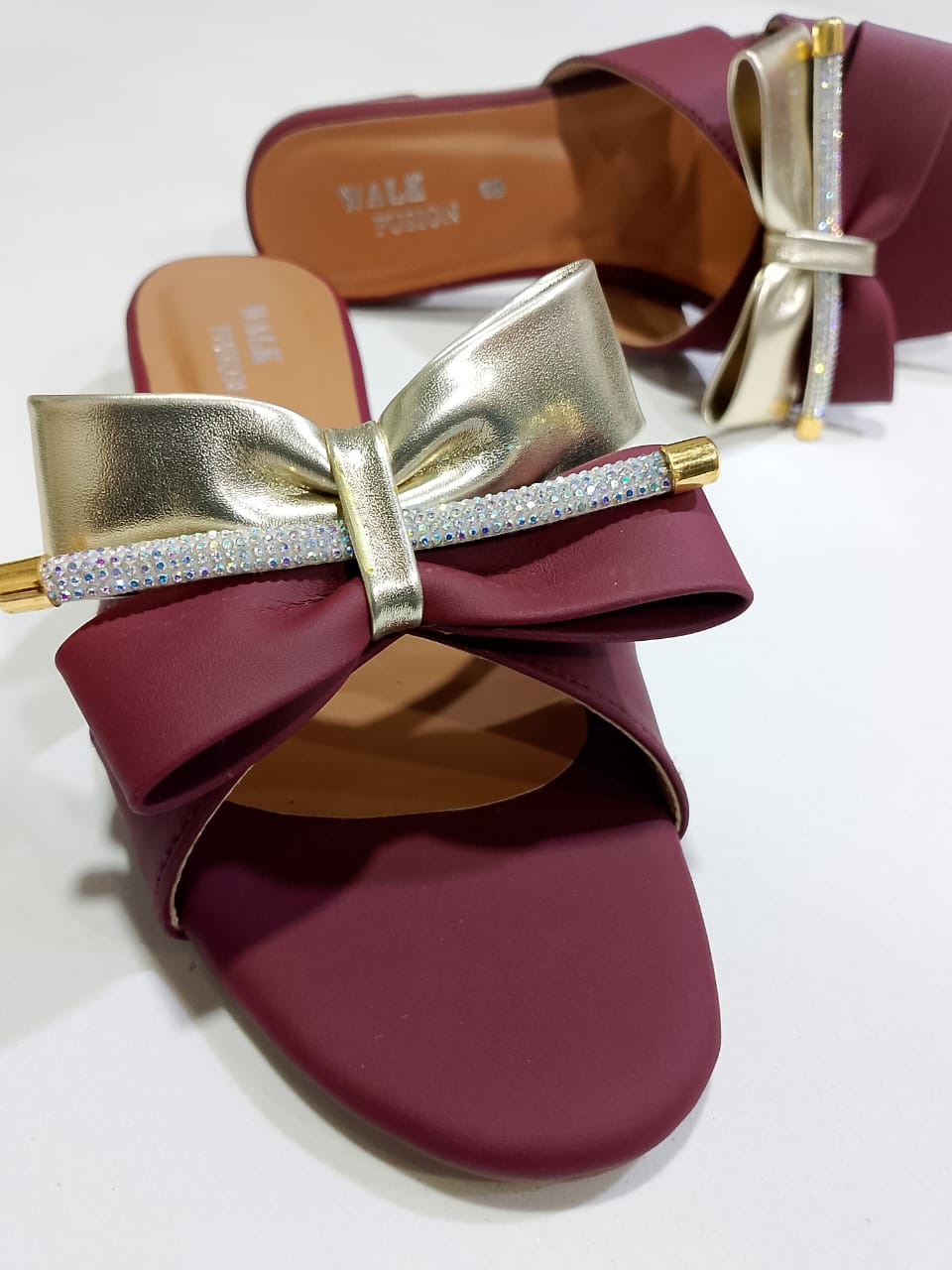 Stylish Maroon Block Heel Slip-On Slippers for Women with Golden Bow and Rhinestone Detailing – Comfortable Daily & Party Wearone perfect pair Stylish | Comfortable | Premium Quality | Slipper | Slipper For Women (With Box) - 10