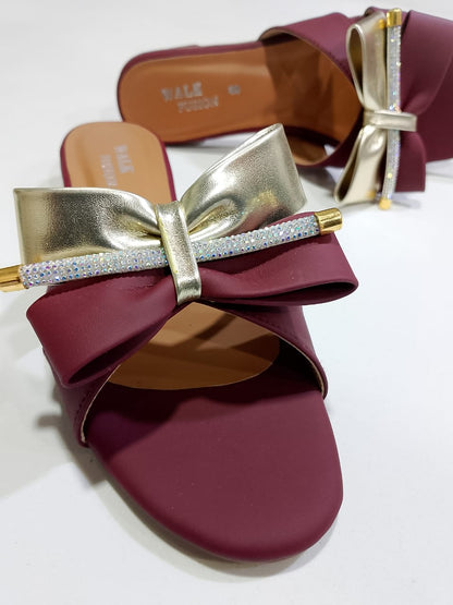 Stylish Maroon Block Heel Slip-On Slippers for Women with Golden Bow and Rhinestone Detailing – Comfortable Daily & Party Wearone perfect pair Stylish | Comfortable | Premium Quality | Slipper | Slipper For Women (With Box) - 10