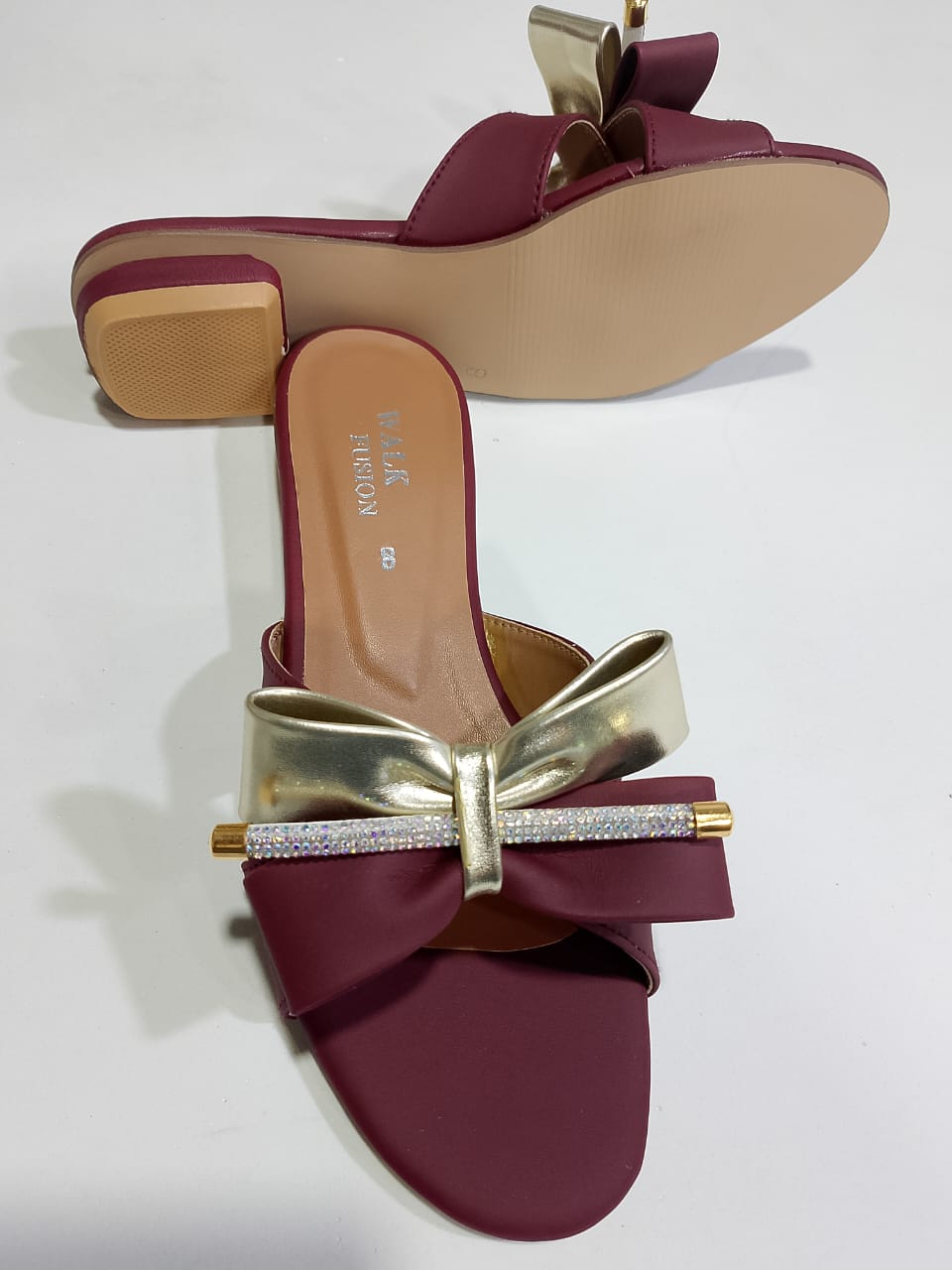 Stylish Maroon Block Heel Slip-On Slippers for Women with Golden Bow and Rhinestone Detailing – Comfortable Daily & Party Wearone perfect pair Stylish | Comfortable | Premium Quality | Slipper | Slipper For Women (With Box) - 10