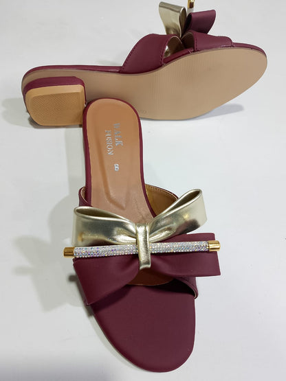 Stylish Maroon Block Heel Slip-On Slippers for Women with Golden Bow and Rhinestone Detailing – Comfortable Daily & Party Wearone perfect pair Stylish | Comfortable | Premium Quality | Slipper | Slipper For Women (With Box) - 10