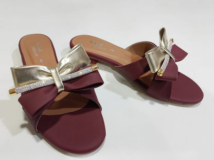 Stylish Maroon Block Heel Slip-On Slippers for Women with Golden Bow and Rhinestone Detailing – Comfortable Daily & Party Wearone perfect pair Stylish | Comfortable | Premium Quality | Slipper | Slipper For Women (With Box) - 10