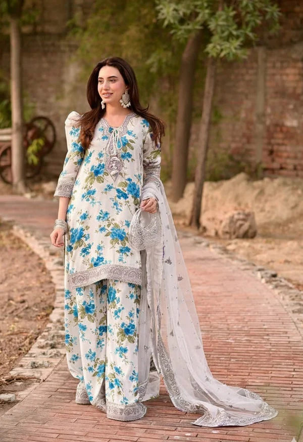 Elegant All-Over Print Embroidered Lawn 3 Piece Unstitched EID Dress with Embroidered Chiffon Dupatta
