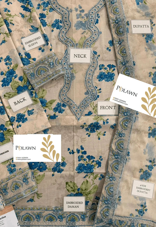Elegant All-Over Print Embroidered Lawn 3 Piece Unstitched EID Dress with Embroidered Chiffon Dupatta