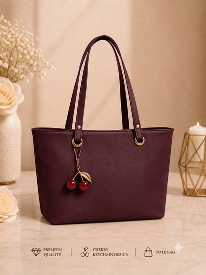 Cherry Charm Women's Tote Bag with Dual Zip Compartments, Back Pocket & Inner Pocket Black