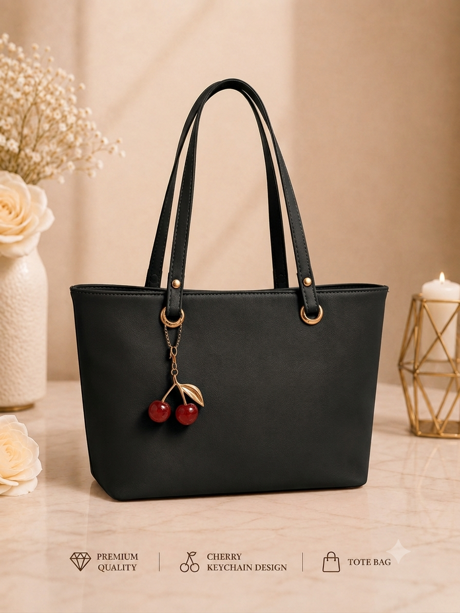 Cherry Charm Women's Tote Bag with Dual Zip Compartments, Back Pocket & Inner Pocket Black