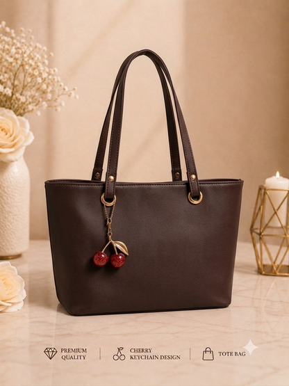 Cherry Charm Women's Tote Bag with Dual Zip Compartments, Back Pocket & Inner Pocket Black