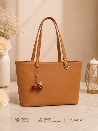 Cherry Charm Women's Tote Bag with Dual Zip Compartments, Back Pocket & Inner Pocket Black