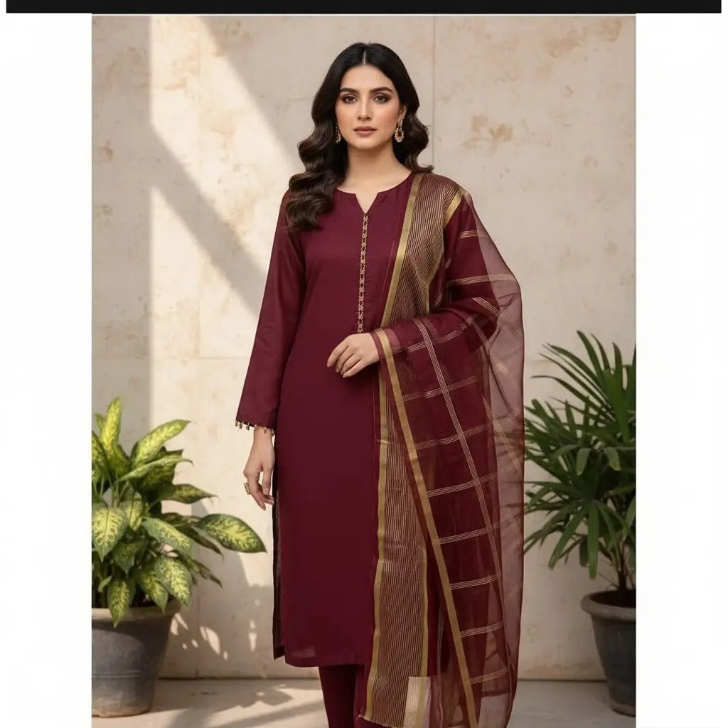 Premium Katan Silk Unstitched 3 Piece Suit With Organza Dupatta For Women - Black