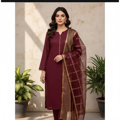 Premium Katan Silk Unstitched 3 Piece Suit With Organza Dupatta For Women - Black