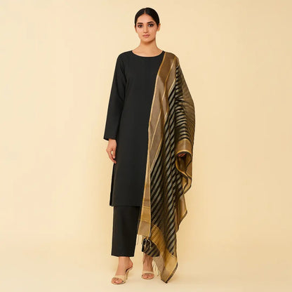 Premium Katan Silk Unstitched 3 Piece Suit With Organza Dupatta For Women - Black