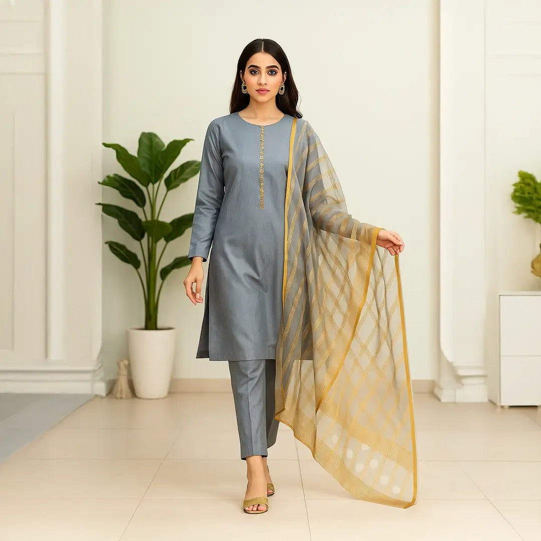 Premium Katan Silk Unstitched 3 Piece Suit With Organza Dupatta For Women - Black