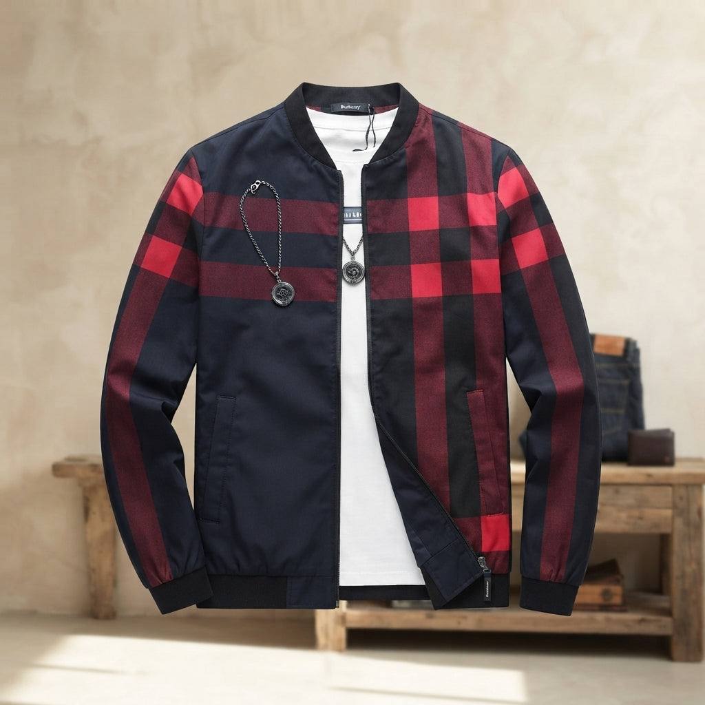 Men's Black Checkered Bomber Jacket - Black