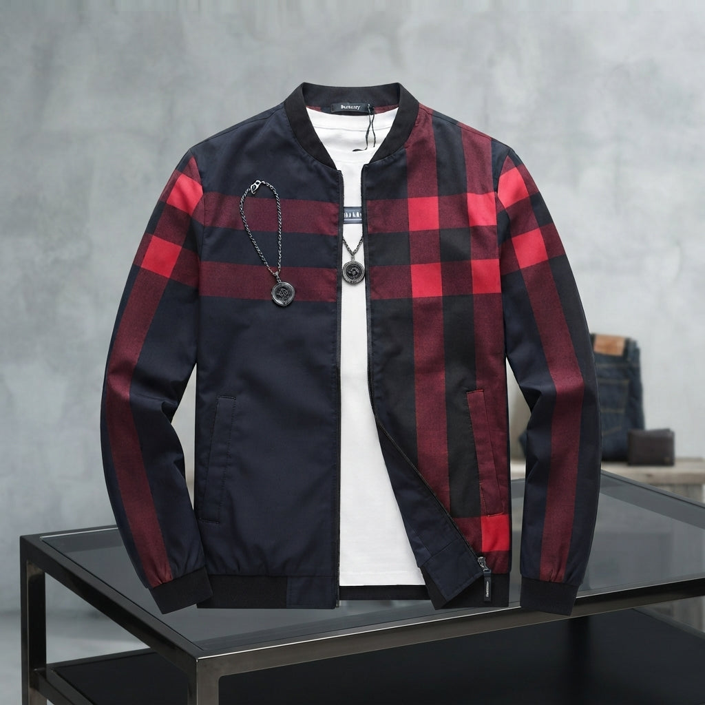 Men's Black Checkered Bomber Jacket - Black