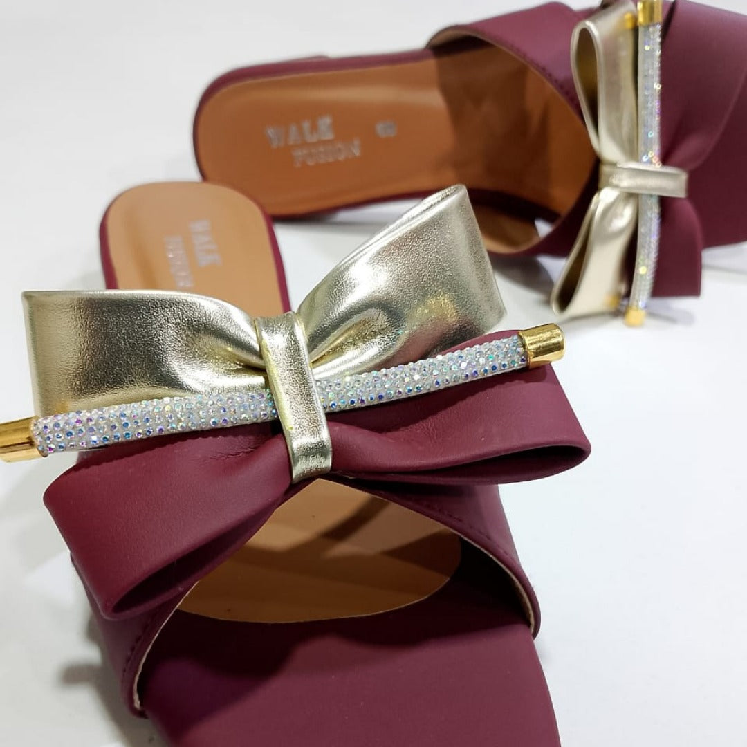 Stylish Maroon Block Heel Slip-On Slippers for Women with Golden Bow and Rhinestone Detailing – Comfortable Daily & Party Wearone perfect pair Stylish | Comfortable