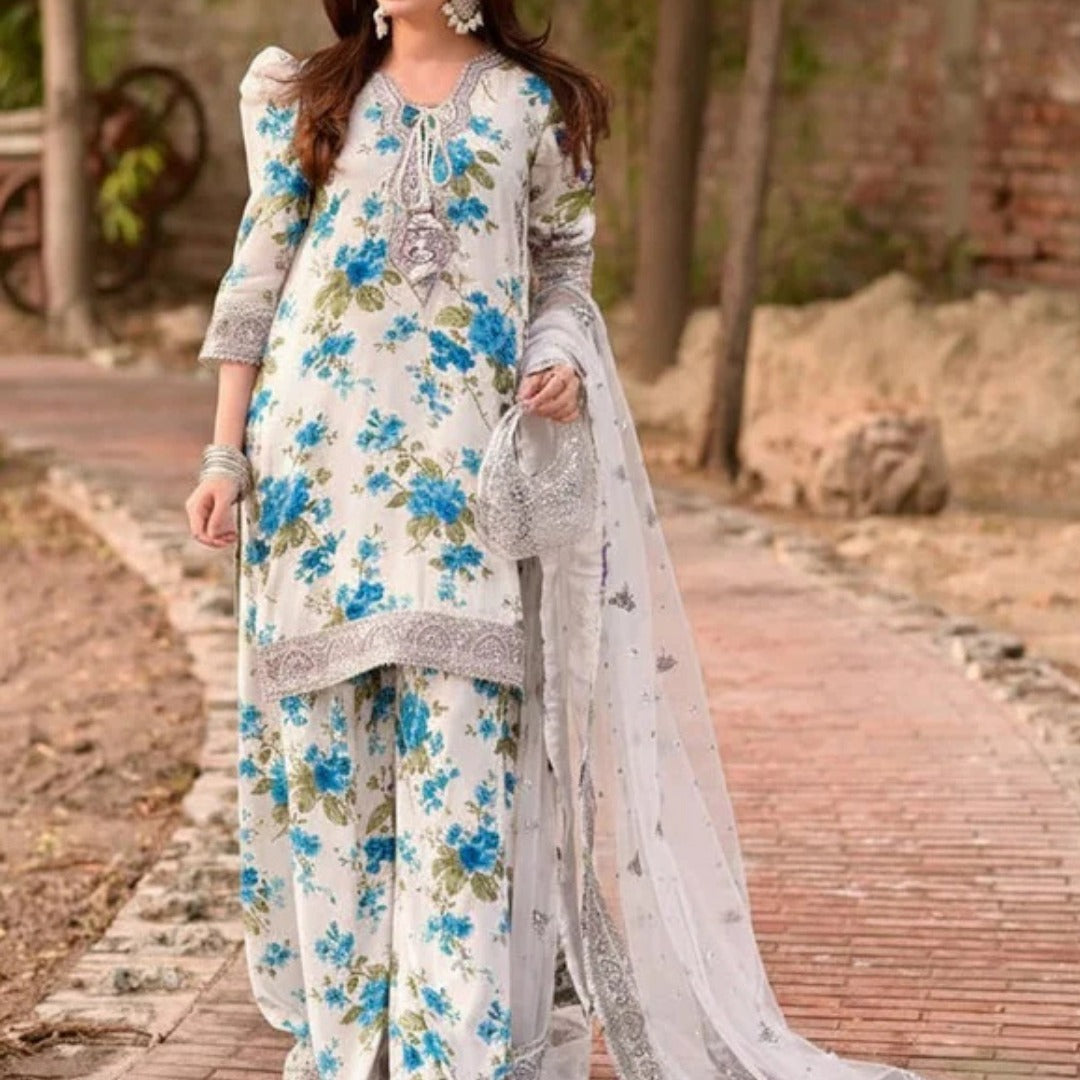 Elegant All-Over Print Embroidered Lawn 3 Piece Unstitched EID Dress with Embroidered Chiffon Dupatta