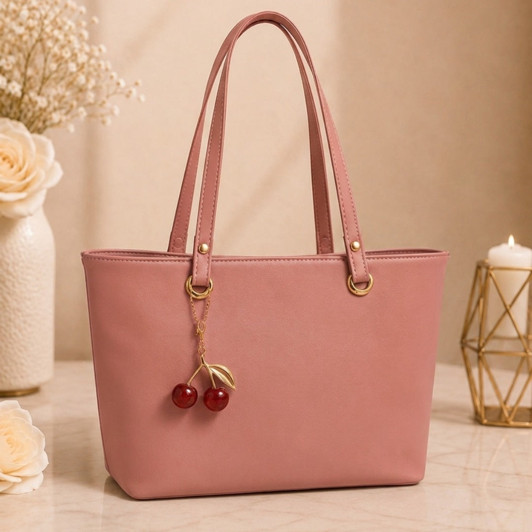Cherry Charm Women's Tote Bag with Dual Zip Compartments, Back Pocket & Inner Pocket Black