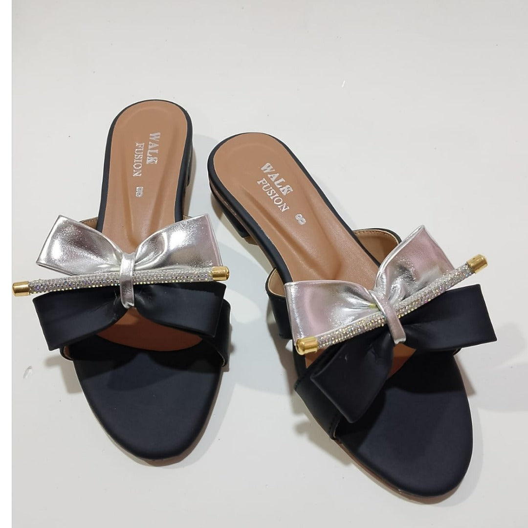Walk Fusion Luxe Rhinestone-Accented Bow Slides – Elegant Slip-On Flat Sandals ( SIZE 10 )