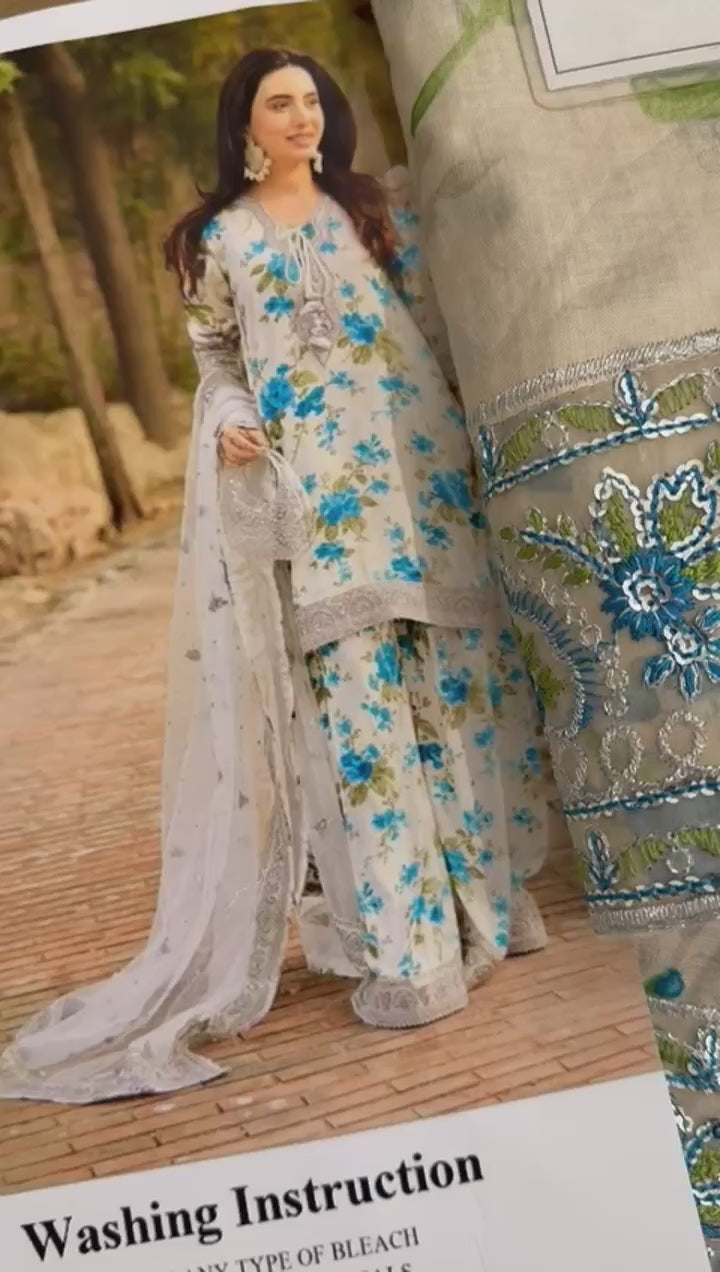 Elegant All-Over Print Embroidered Lawn 3 Piece Unstitched EID Dress with Embroidered Chiffon Dupatta