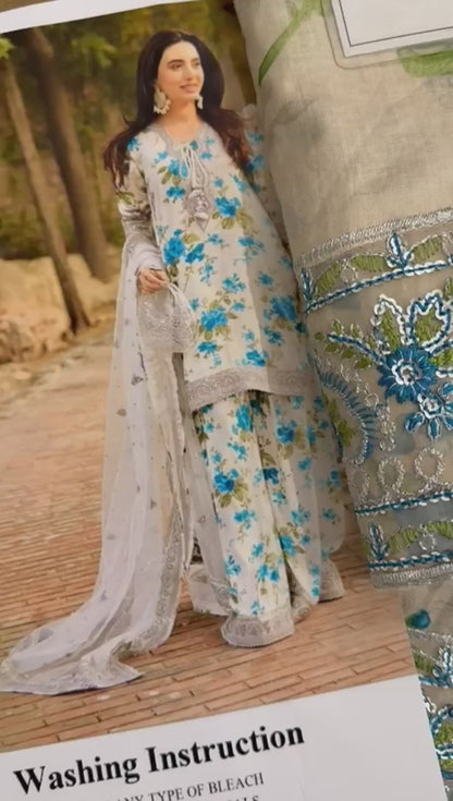 Elegant All-Over Print Embroidered Lawn 3 Piece Unstitched EID Dress with Embroidered Chiffon Dupatta