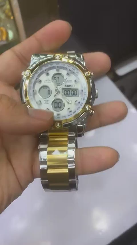 SKMEI 1389 Men’s Digital Analog Business Watch – Two-Tone Gold & Silver Stainless Steel Chronograph with Matte White Dial - without box
